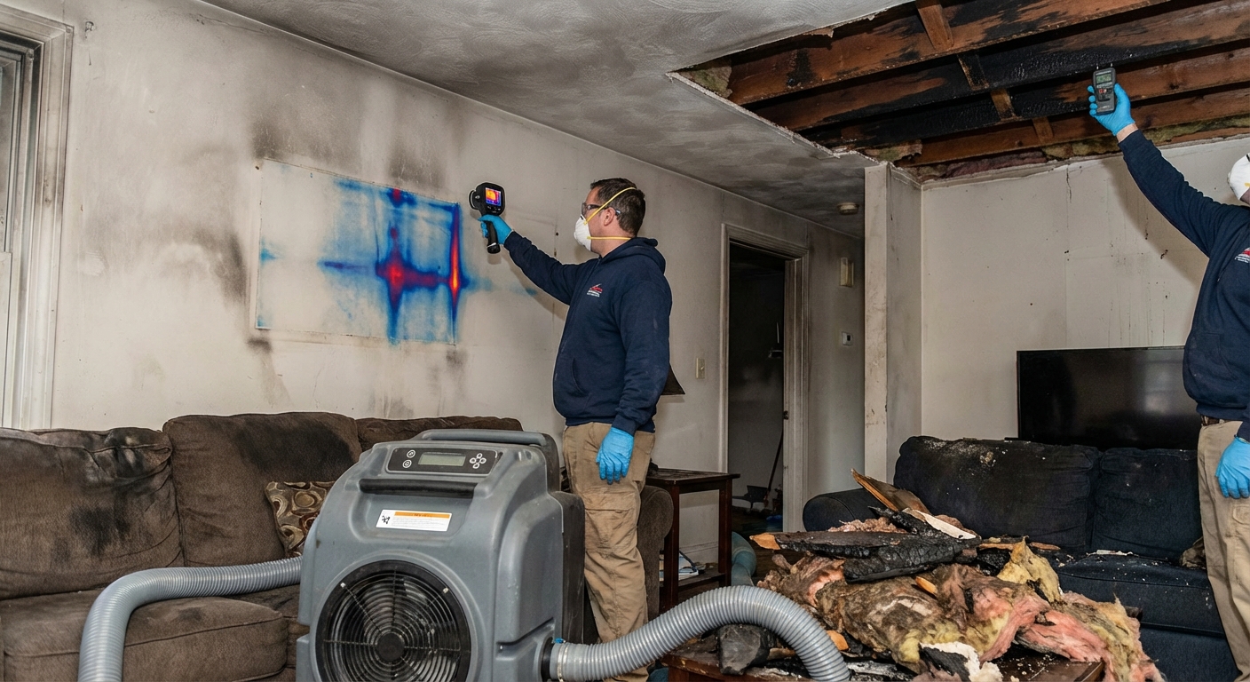 Hidden fire and water damage in attics and crawl spaces after a house fire in Northeastern Massachusetts