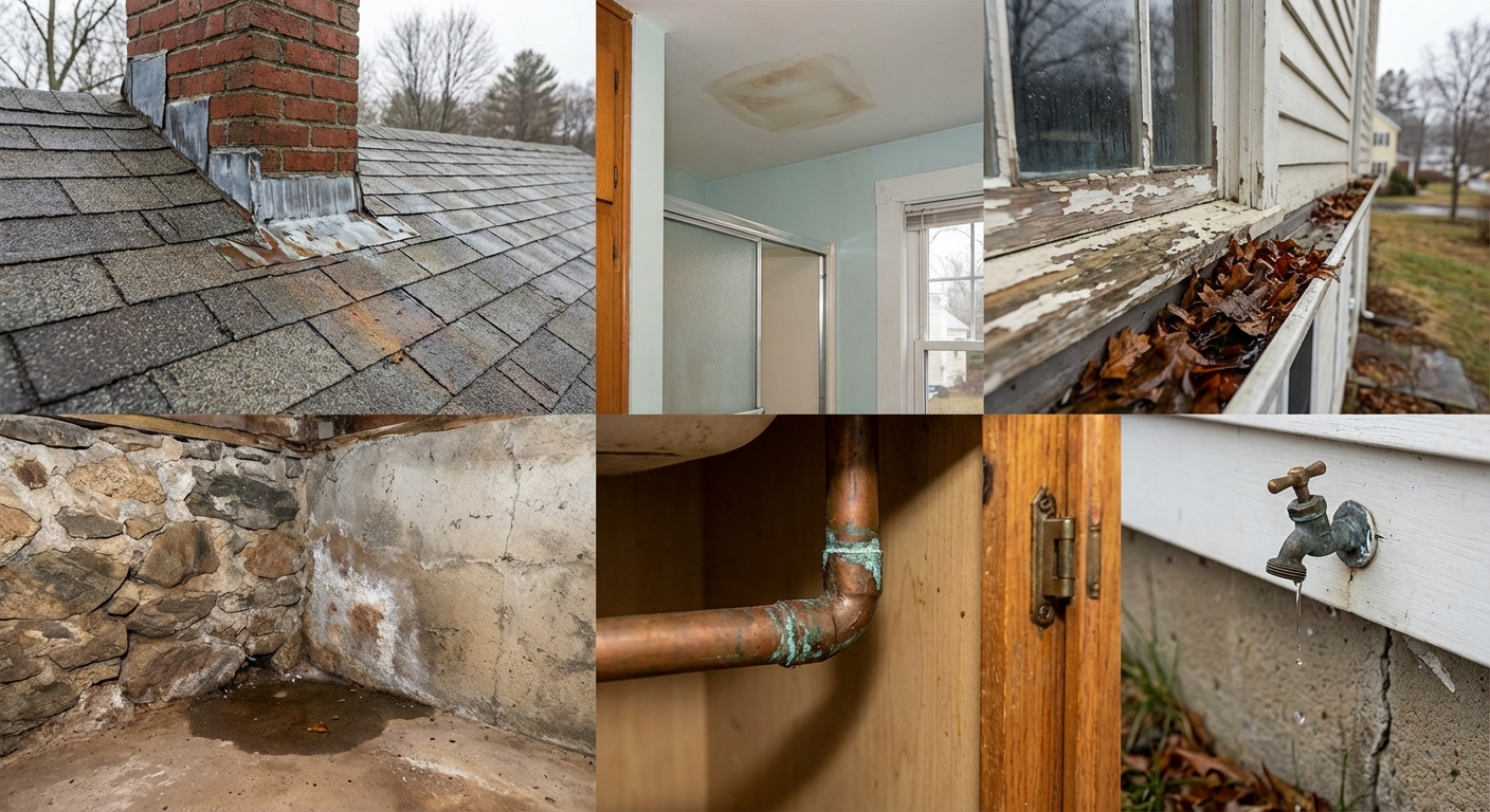 Common sources of water leaks in Northeastern Massachusetts homes, such as roofs, basements, and plumbing connections